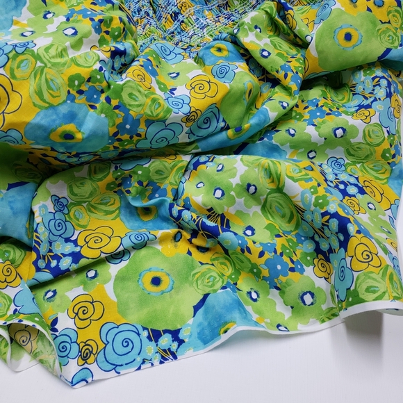 Vibrant Floral Fabric Smocked Top Dress Skirt Green Blue Yellow - Picture 5 of 7